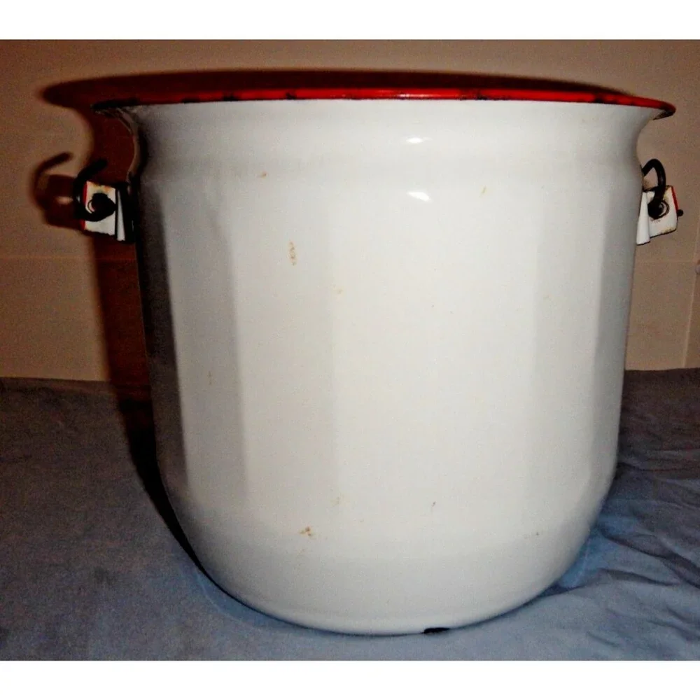 Vintage Enamelware 3 Pc Lot Chamber Pot Wash Basin Bowl White Red Trim Farmhouse